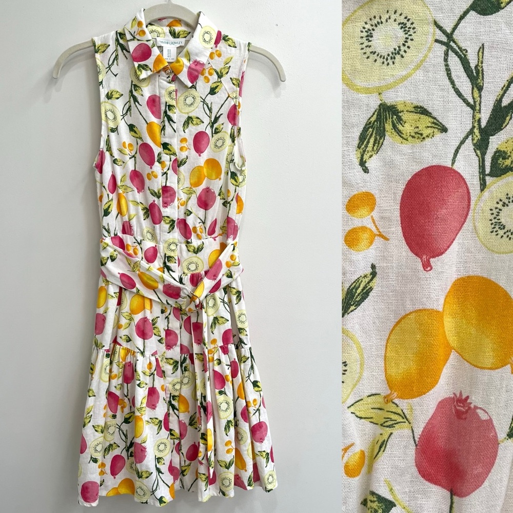 Cynthia Rowley Linen Blend Novelty Summer Fruit Print Shirtdress Sleeveless 2